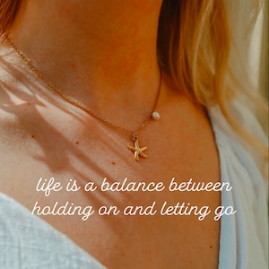 Starfish Necklace, Waterproof Beach Jewelry, 16+2&quot; Inches Adjustable Length, Natural Pearl, Surfer Accessory, Gold Plated, Boho