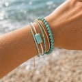 Turquoise Accent Bracelet Stack, Aqua Gold Beaded Bracelet Set, Beach Surfer Bracelet, Dainty Ocean Jewelry Gift product logo