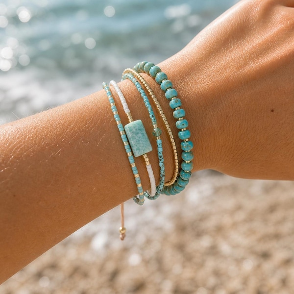 Turquoise Accent Bracelet Stack, Aqua Gold Beaded Bracelet Set, Beach Surfer Bracelet, Dainty Ocean Jewelry Gift