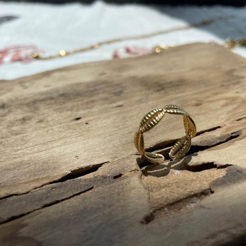 Cowrie Shell Ring, Stainless Steel Ring, Waterproof Beach Jewelry, 14K Gold Plated, 1 Size Fits All, Surfer Accessory, Hypoallergenic, Boho Gold