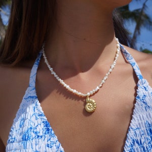 Nautilus Shell Necklace, 18k Gold Plated Pendant, Freshwater Pearl, Ocean Jewelry, Waterproof Beach Choker, Handmade, Tropical, Adjustable