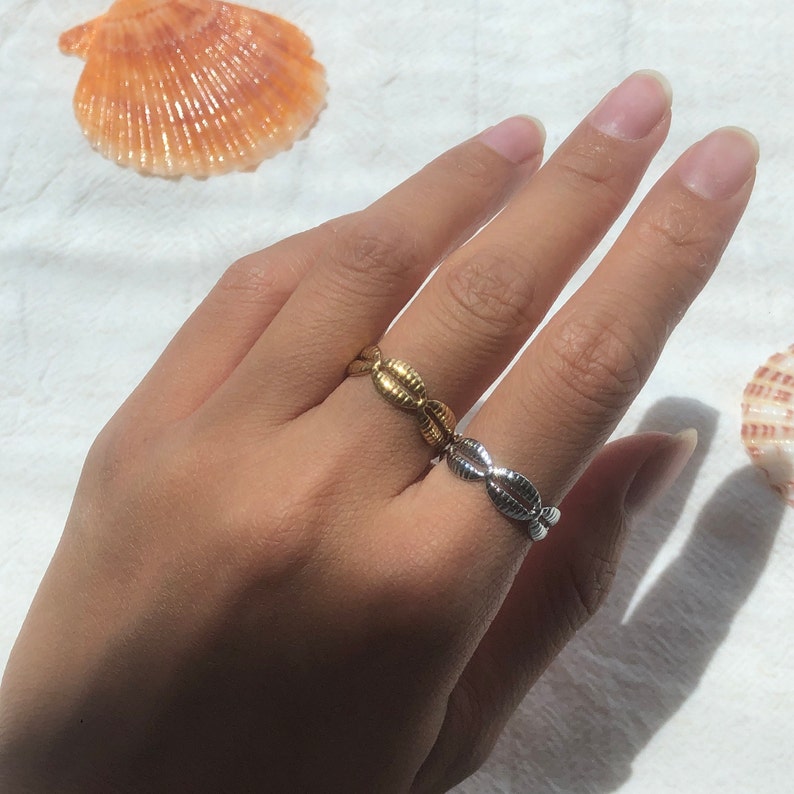 Cowrie Shell Ring, Stainless Steel Ring, Waterproof Beach Jewelry, 14K Gold Plated, 1 Size Fits All, Surfer Accessory, Hypoallergenic, Boho image 6