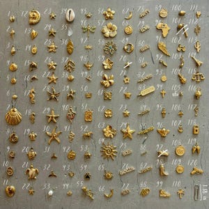 K&ouml;nnte beinhalten: Ein Raster mit 120 goldfarbenen Charms, jeder mit einem anderen Design. Die Charms sind in 12 Reihen mit jeweils 10 Charms angeordnet. Die Charms umfassen eine Vielzahl von Formen, darunter Sterne, Herzen, Muscheln, Tiere und W&ouml;rter. Die Charms sind alle etwa 1,27 cm gro&szlig;.