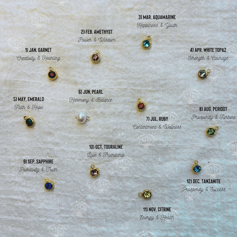 K&ouml;nnte beinhalten: Eine Tabelle mit Geburtssteinen, ihren entsprechenden Monaten und den dazugeh&ouml;rigen Bedeutungen. Jeder Geburtsstein wird durch einen kleinen Anh&auml;nger mit einem Edelstein dargestellt, der auf einem wei&szlig;en Stoffhintergrund pr&auml;sentiert wird.