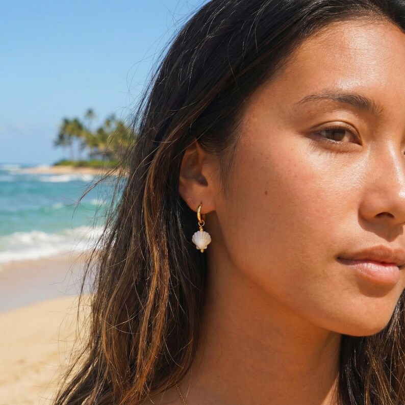 Ceramic Seashell Earrings with Gold Vermeil Hoops, Beachy Summer Dangle Earrings, Coastal Minimalist Jewelry image 2