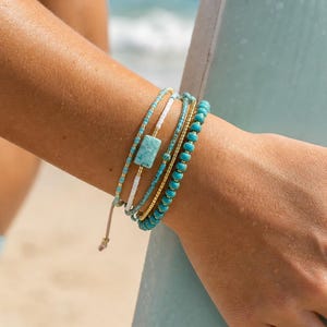 Turquoise Accent Bracelet Stack, Aqua Gold Beaded Bracelet Set, Beach Surfer Bracelet, Dainty Ocean Jewelry Gift image 6