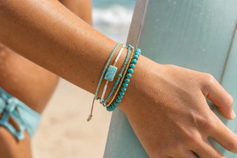 Turquoise Accent Bracelet Stack, Aqua Gold Beaded Bracelet Set, Beach Surfer Bracelet, Dainty Ocean Jewelry Gift image 6