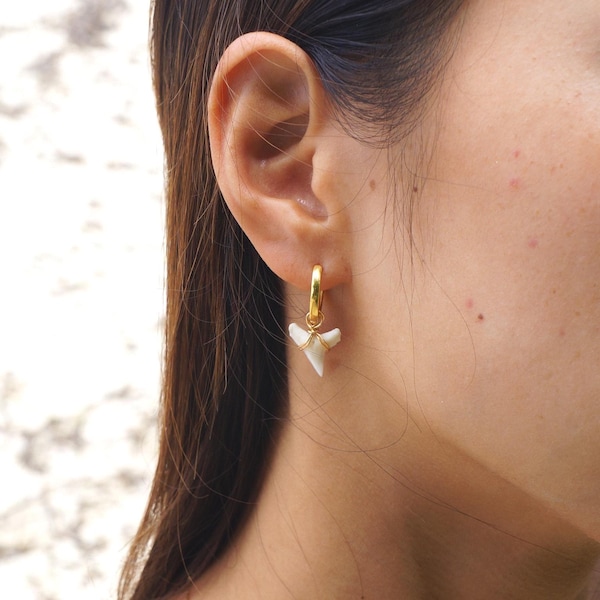 Natural Shark Teeth Earrings, Hypoallergenic Hoops, Gold Vermeil 925 Sterling Silver, Waterproof Oceanic Present, Surfer Girl Gift, Boho
