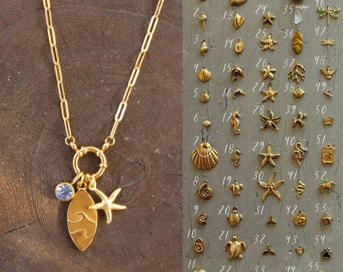 Build Your Own Charm Necklace, Engravable Jewels, Summer Beach Jewelry, Personalized Gift, Mixed Metal, Mermaid, Surfer, OceanByTahlia