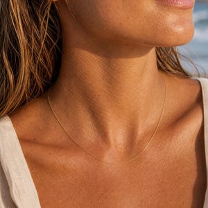 May include: A delicate gold necklace resting on a person's skin. The fine chain is a simple, elegant design. The background is blurred, suggesting a beach setting, with sunlight reflecting off the skin.