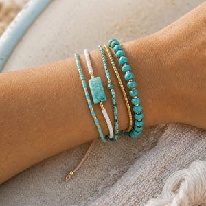 Turquoise Accent Bracelet Stack, Aqua Gold Beaded Bracelet Set, Beach Surfer Bracelet, Dainty Ocean Jewelry Gift image 5