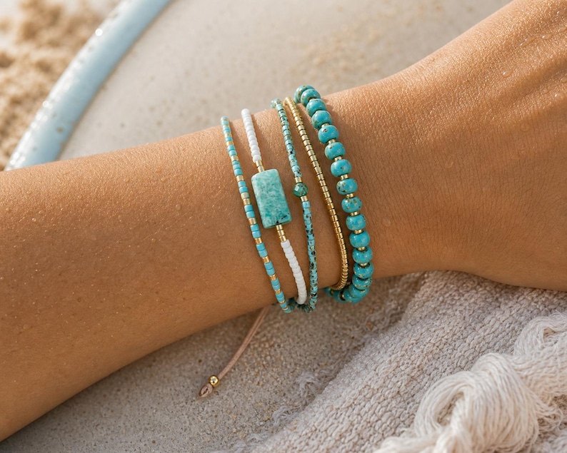 Turquoise Accent Bracelet Stack, Aqua Gold Beaded Bracelet Set, Beach Surfer Bracelet, Dainty Ocean Jewelry Gift image 5