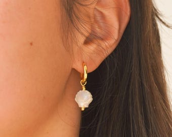 Ceramic Seashell Earrings with Gold Vermeil Hoops, Beachy Summer Dangle Earrings, Coastal Minimalist Jewelry