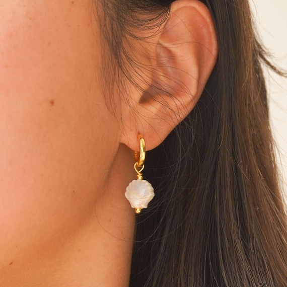 Ceramic Seashell Earrings with Gold Vermeil Hoops, Beachy Summer Dangle Earrings, Coastal Minimalist Jewelry