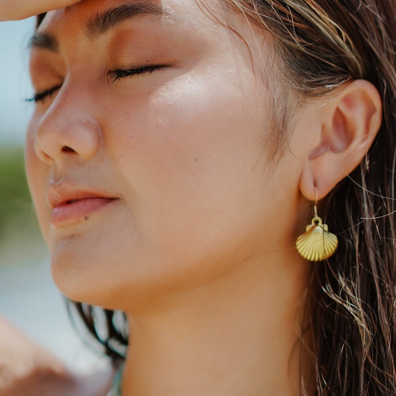 Sunrise Shell Earrings, 18k Gold Plated Scallop Seashell, Waterproof Ocean Jewelry, Handmade Tropical Accessory, Hypoallergenic Earrings image 1