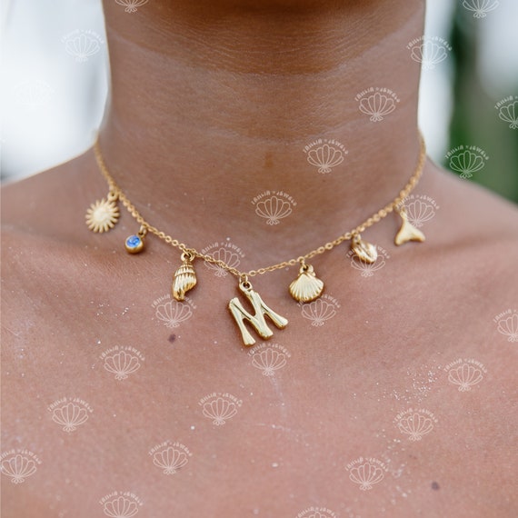 Surfer Girl Necklace, Birth Stone / Initial Necklace, Waterproof Beach Jewels, Non-tarnish Accessory, Adjustable Length 36+5cm, Boho