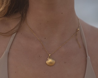 Seashell Gold Necklace, 18K Plated Pendant, Waterproof Beach Jewelry, Adjustable Length, Clam Cockle Charm, Hypoallergenic, Statement, Boho