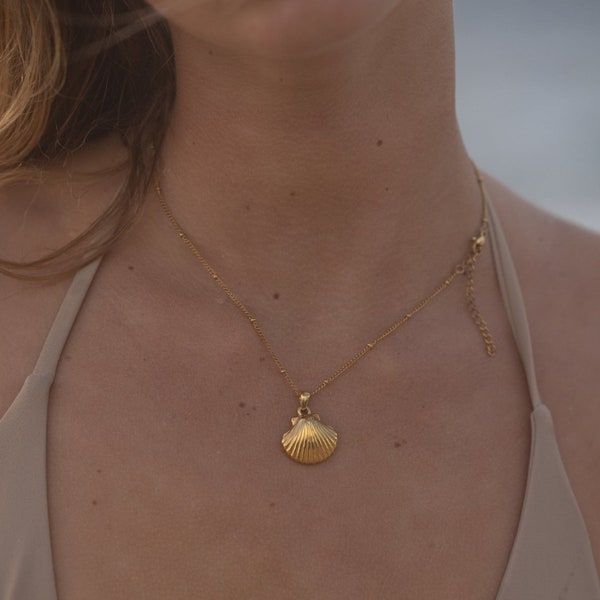 Seashell Gold Necklace, 18K Plated Pendant, Waterproof Beach Jewelry, Adjustable Length, Clam Cockle Charm, Hypoallergenic, Statement, Boho