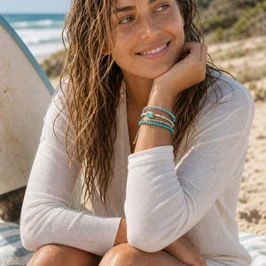 Turquoise Accent Bracelet Stack, Aqua Gold Beaded Bracelet Set, Beach Surfer Bracelet, Dainty Ocean Jewelry Gift image 10