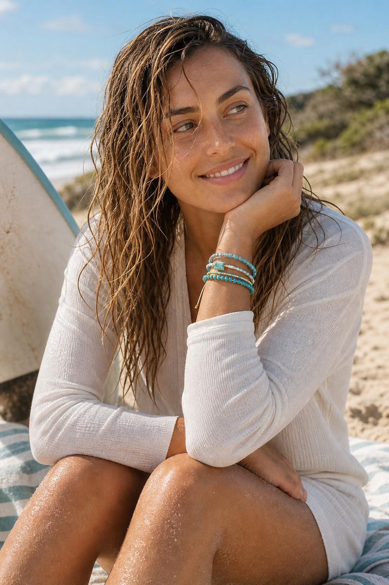 Turquoise Accent Bracelet Stack, Aqua Gold Beaded Bracelet Set, Beach Surfer Bracelet, Dainty Ocean Jewelry Gift image 10