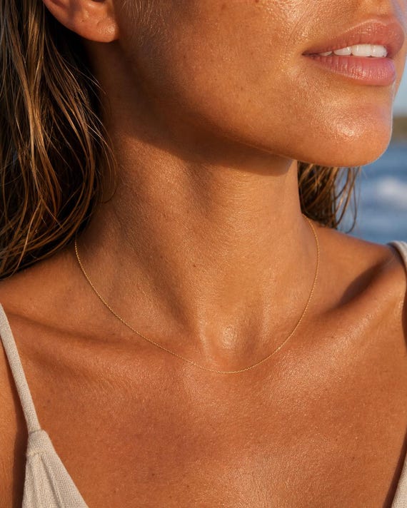 Dainty 18K Gold Plated Chain Necklace, 45cm Gold Vermeil Sterling Silver Minimalist Surfer Girl Beach Jewelry