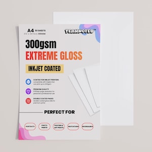 May include: A pack of A4 inkjet coated paper with 50 sheets, 210 x 297mm, 300gsm. The packaging features the brand name YEAHNOTED, the text EXTREME GLOSS, and lists uses including portraits, photo prints, posters, art prints, invitations, and bookmarks.