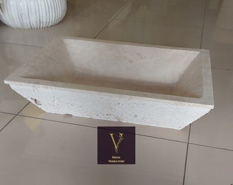 Handcrafted Travertine Vessel Sink: Rustic Rectangular Washbasin