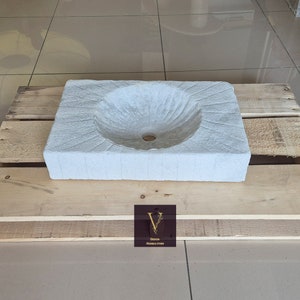 Carrera White Marble Rustic Stone Sink - 100% Natural Stone - Handcrafted - Bathroom Vanity - Powder Room - Wallmounted Sink - Vessel Sink