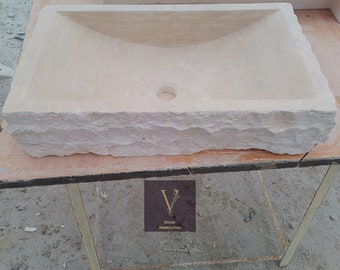 Handcrafted Travertine Rectangular Sink: Split Face Natural Stone