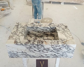 Handcrafted Calacatta Marble Wall-Mounted Sink: Natural Stone Vanity