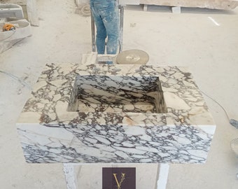 Fregadero profundo montado en la pared de mármol Calacatta - Piedra 100% natural - Hecho a mano - Lavabo de mármol - Tocador de mármol - Fregadero de piedra - Baño de mármol