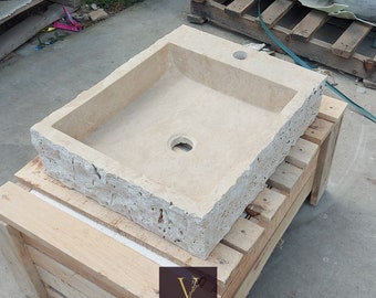 Handcrafted Travertine Sink: Rustic Chiseled Natural Stone - with Faucet Hole