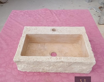 Handcrafted Travertine Sink: Rustic Chiseled Stone with Faucet Hole