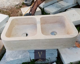Handcrafted Natural Travertine Stone Kitchen Sink - Double Basin