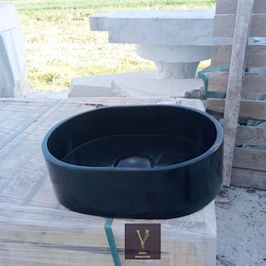 Nero Marquina Black Marble Mini Oval Sink - Hidden Drain - 100% Natural Stone - Handmade - Sink for Bathroom -Black Marble