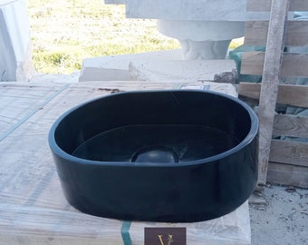 Handmade Nero Marquina Black Marble Mini Oval Sink with Hidden Drain