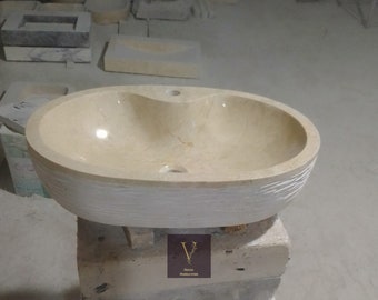 Handcrafted Beige Marble Oval Sink: Natural Stone Washbasin with Faucet Hole