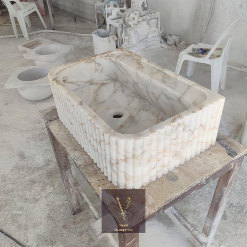 Handcrafted Calacatta Gold Marble Ribbed Sink - Wall Mounted Wash Basin ...