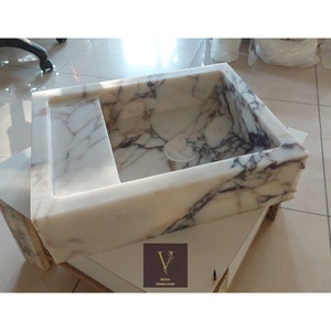 Calacatta Viola Marble Wallmount Sink - Hidden Drain - 100% Natural Stone - Handcrafted - Wallmount Sink - Luxury Home
