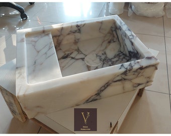 Pia de parede em mármore Calacatta Viola - Ralo oculto - 100% pedra natural - Artesanal - Pia de parede - Casa de luxo