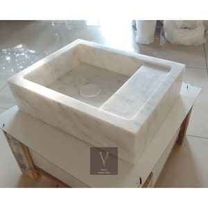 カララ大理石製壁掛けシンク - 隠し排水口 - 100%天然石 - 手作り - 洗面台 - ホワイト大理石製シンク