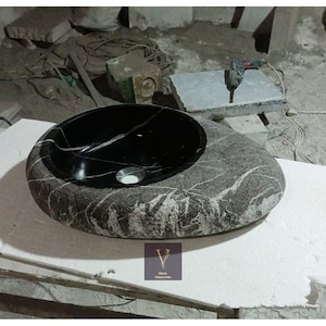 Fregadero de mármol de diseño especial Nero Black - Piedra 100% natural - Hecho a mano - Fregadero de recipiente - Fregadero de mármol negro - Tocador de baño - Baño de lujo