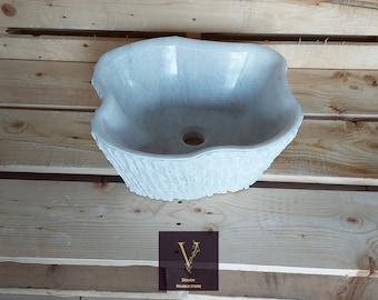 Handcrafted Carrera Marble Vessel Sink: Natural Stone Bathroom Vanity - Rough Exterior