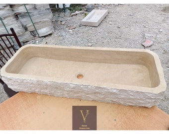 Handcrafted Travertine Trough Sink: Natural Stone Countertop Basin