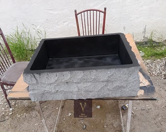 Handmade Basalt Black Stone Square Vessel Sink - Split Face