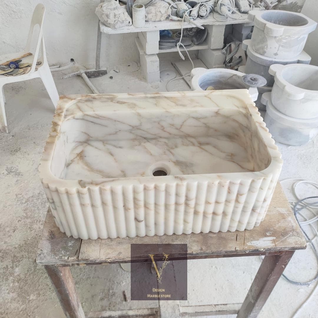 Handcrafted Calacatta Gold Marble Ribbed Sink - Wall Mounted Wash Basin ...