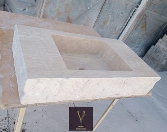 Pia com design de face dividida em travertino - montada na parede - dreno oculto - pia de pedra de uma peça - 100% pedra natural - feita à mão - pia de mármore