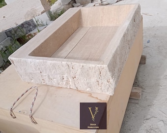 Handcrafted Travertine Vessel Sink: Rustic Rectangular Washbasin