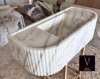 Carrara White Marble Wallmount Sink with Countertop - Fluted Design