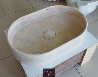 Travetine Oval Sink - Hidden Drain - 100% Natural Stone - Handcrafted - Vessel Sink - Travertine Art - Stone Sink - Custom Sink - Bathroom